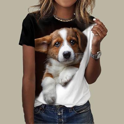 Women's Summer T-shirt, Small Dog Print Short Sleeved T-shirt, Casual Print Top