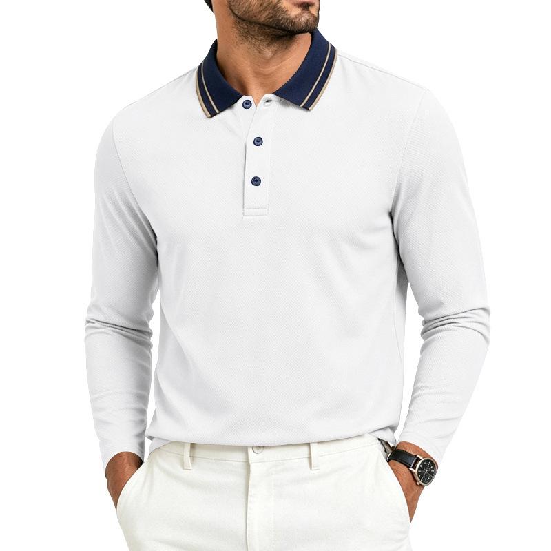 Men Striped Contrast Collar Long Sleeve Polo Shirt, 3 Button Placket Textured Lightweight Business Casual Golf Collared Top Multiple Colors