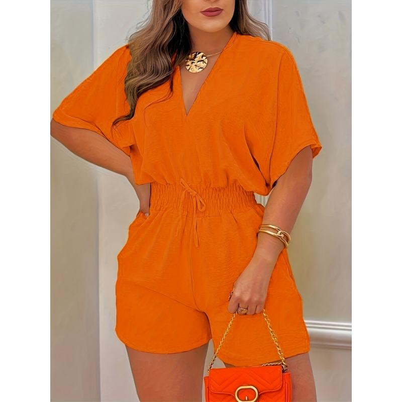 Solid V Neck Romper, Elegant Short Sleeve Shirred Waist Jumpsuit For Spring & Summer, Women's Clothing