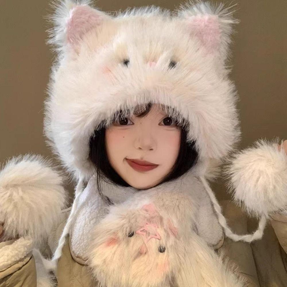Cute Cat Ear Protection Cap Thickened Warm Winter Warm Cap New Cartoon Hat Scarf  Winter