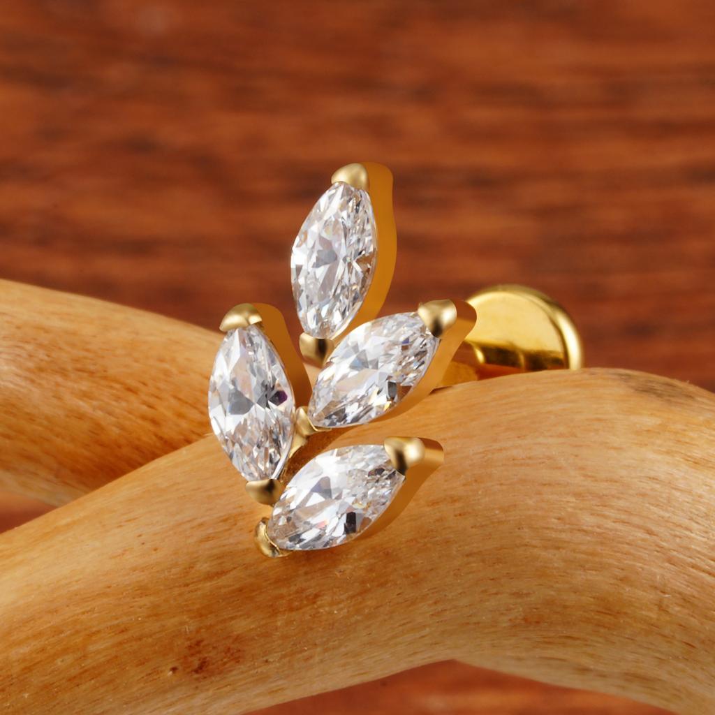 Right Grand ASTM F136 Titanium 16G Marquise CZ Leaf Shaped Cartilage Helix Conch Lobe Ear Piercing Flat Back Earring
