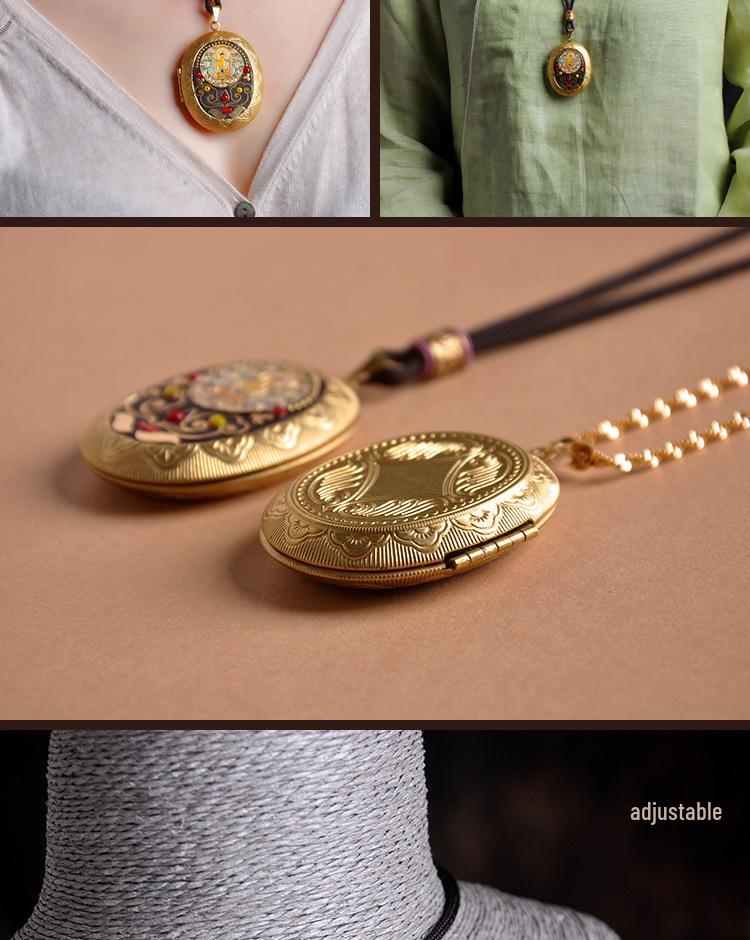 Vairochana Yellow Tibetan Amulet: Brass Box Pendant Necklace with Jambhala & Avalokiteshvara Hollow Design