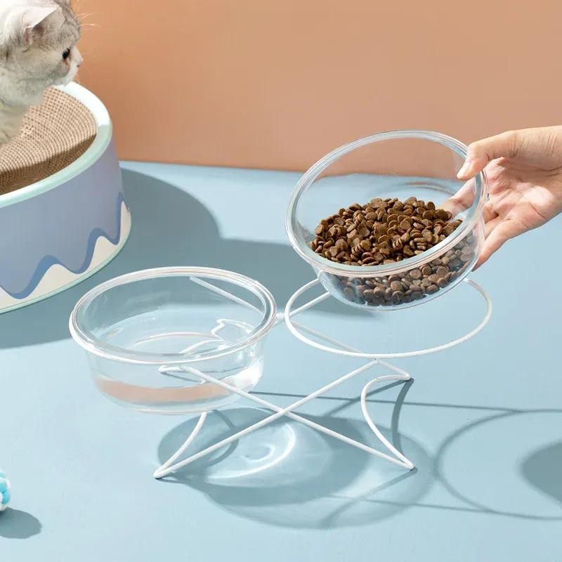 Cat Glass Food Water Bowl Elevated Small Dog Double Drinking Eating Bowls Pet Transparent Feeding Basin with Stand
