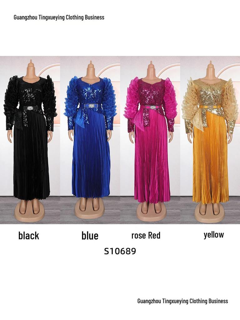 Plus Size High-Waisted Evening Gown with Rhinestones, Beads, and Sequins - New African Style