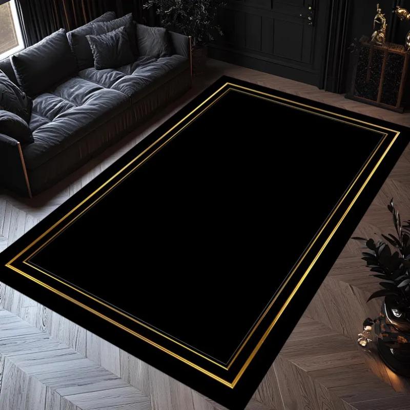 Moderní černozlatý oblastní koberec Minimalistický rámový koberec Luxusní elegantní podložka na podlahu Digitálně tištěný Glam domácí dekorace