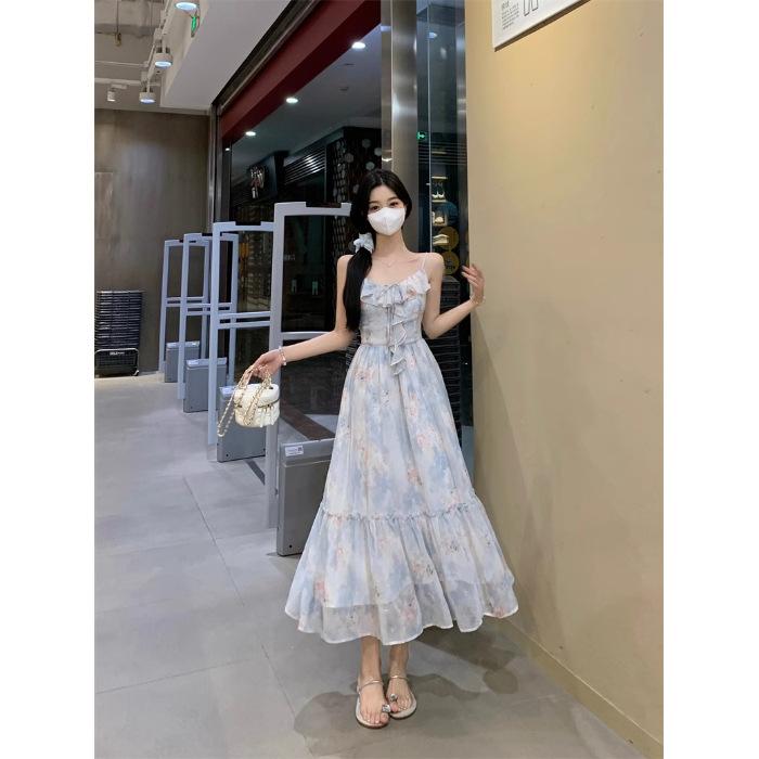 Summer new large size blue floral suspender dress spring seaside vacation French fairy dress S