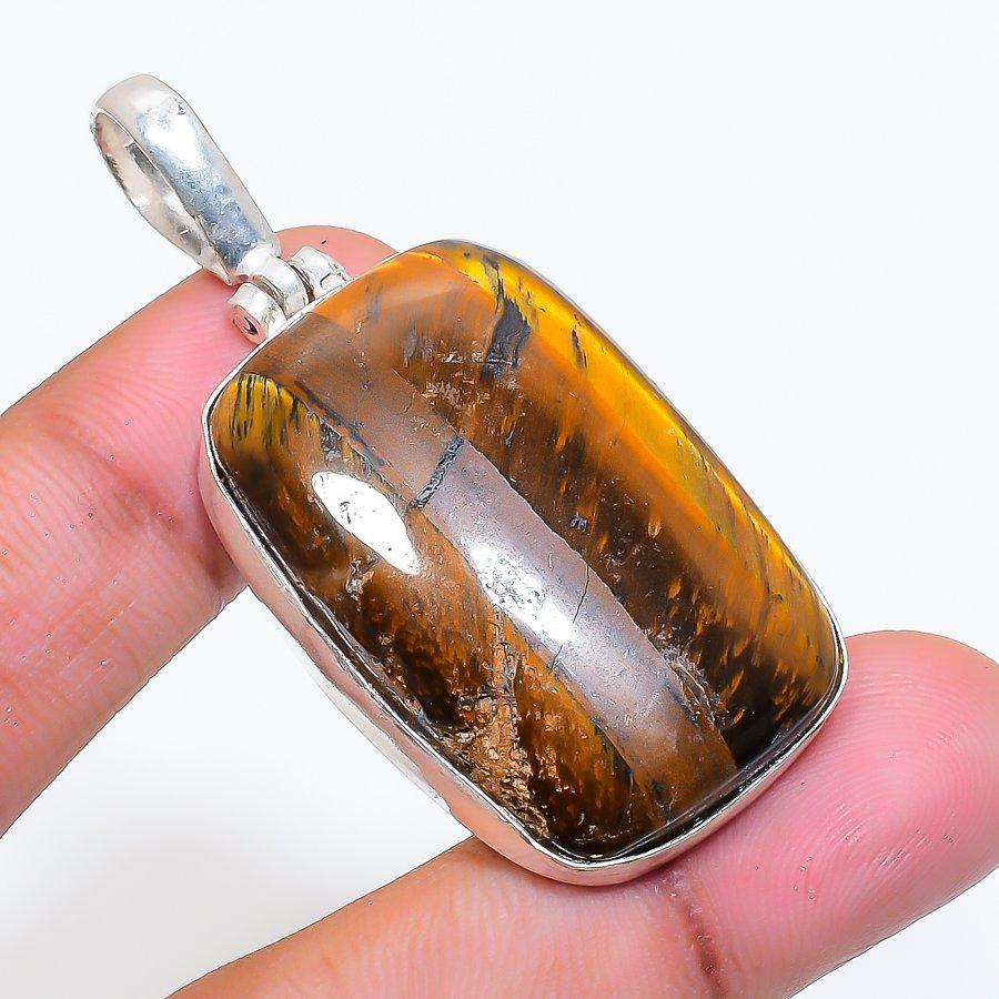 Natural Tiger Eye Gemstone 925 Sterling Silver Jewelry Pendant 2.25" ZS-425