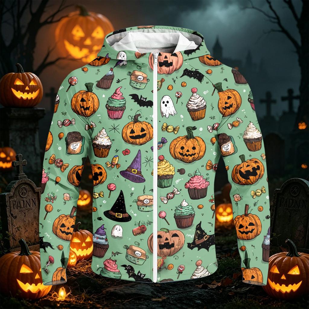 Men's Casual Raglan Sleeve Hooded Long Sleeve Sun Protection Jacket Halloween Print Lightweight Outdoor Zip Up Hoodie
