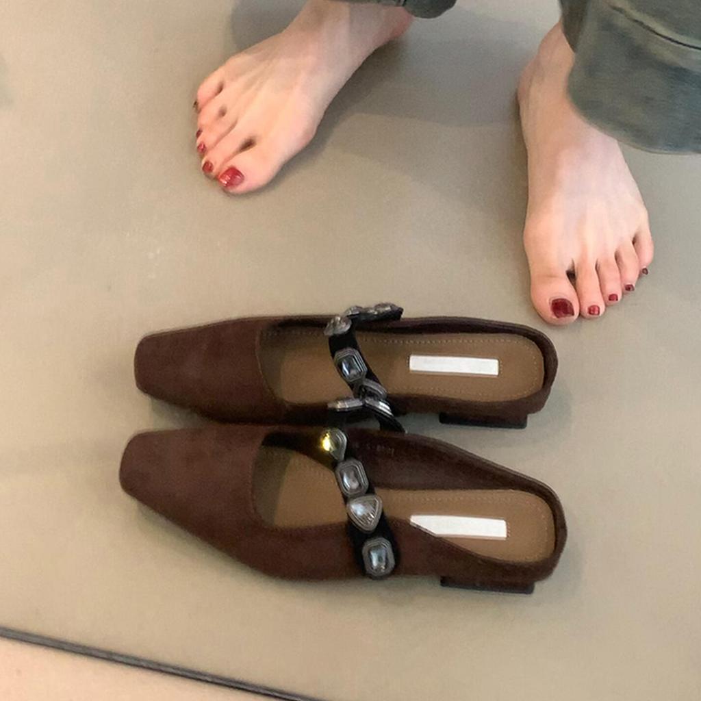 Sheepskin version~ Low-heeled square head half slippers women's diamond one-word leather bag head shoes elegant temperament women's shoes