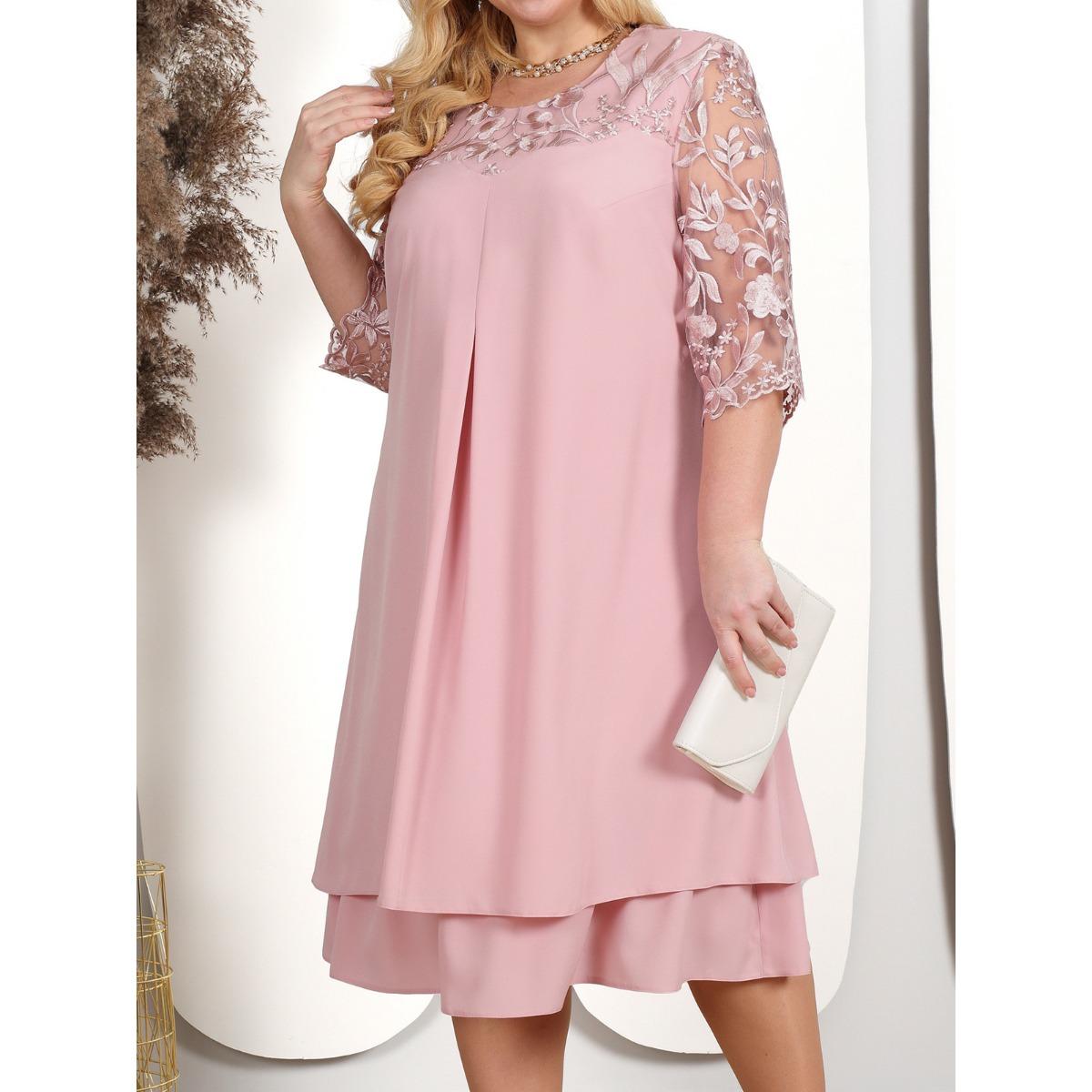Women s Embroidered Chiffon Patchwork Crew Neck Half Sleeve Casual Elegant Plus Size Dress 0XL