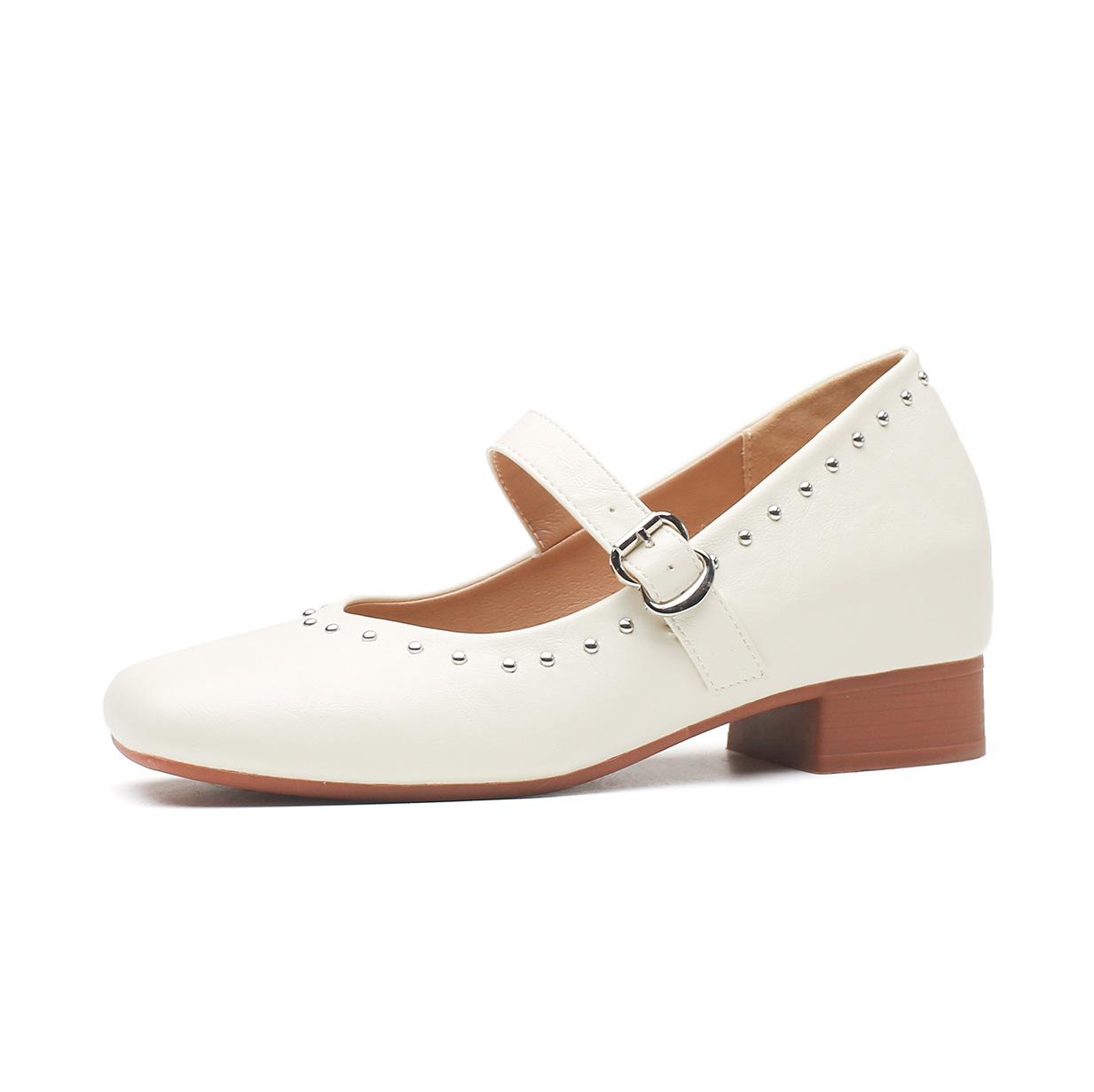 

Туфли из овчины из Гонконга, женские, средний каблук, весна и осень 2024, новые, квадратные, толстый каблук, ретро, подходящие по цвету, мягкая подошва, кожа, женские 33 абрикосовый