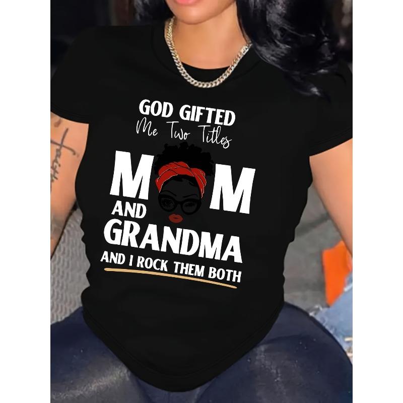 

European sizes MOM & GRANDMA Print T-shirt, Casual Short Sleeve Crew Neck Top For Spring & Summer, Women s Plus Size Clothing 4XL