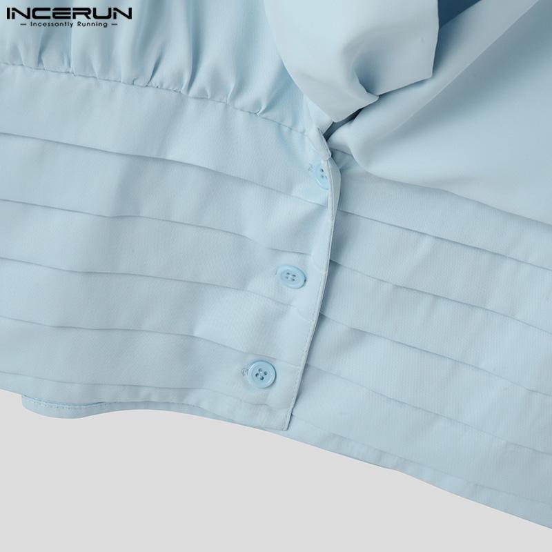 INCERUN Men Swing Collar Long Sleeve Slim Shirts Casual Solid Short Tops