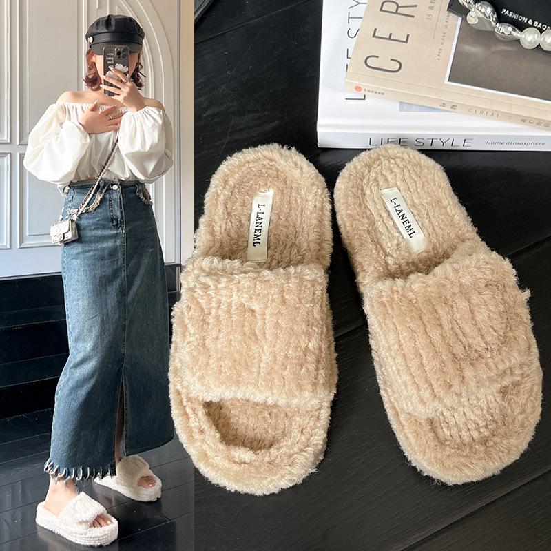 New one-word fluffy slippers for women's outer wear 2025 popular indoor warmth Velcro soft cotton drag foreign trade