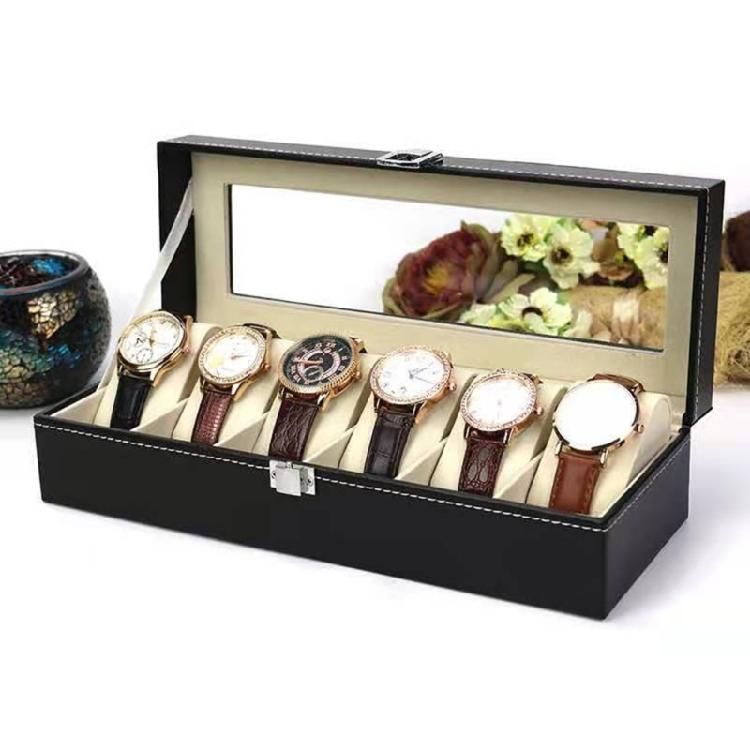Multi-Functional Showcase 6 Slot PU Leather Watch Box One Word Lock Dustproof