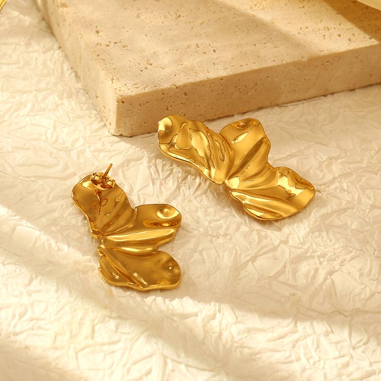 Kolczyki ze stali nierdzewnej z geometrycznym kwiatem i nieregularnymi fałdami - Stylowy europejsko-amerykański design