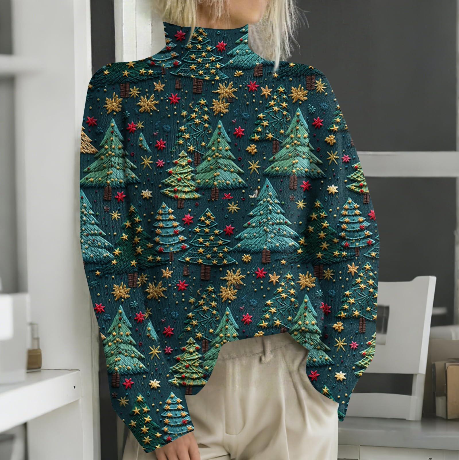 

Рождественские толстовки для женщин Вязаный свитер Милая рубашка Осенняя водолазка Пуловер Топы L темно-зеленого