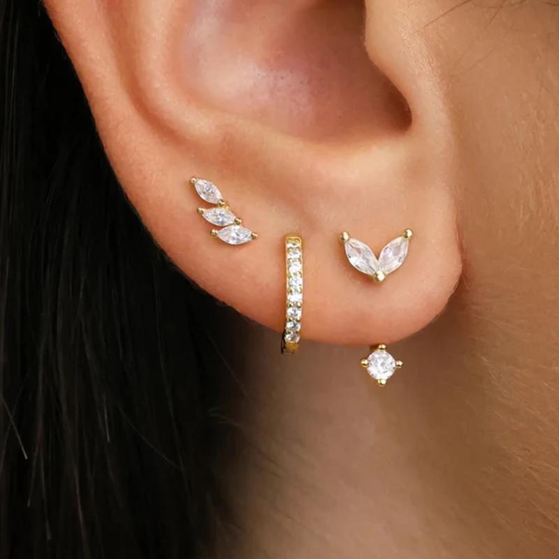 3PCS Stainless Steel Gold Color Circle Hoop Earrings Set for Women Simple Zircon Flower Stud Earring Cartilage Piercing Jewelry