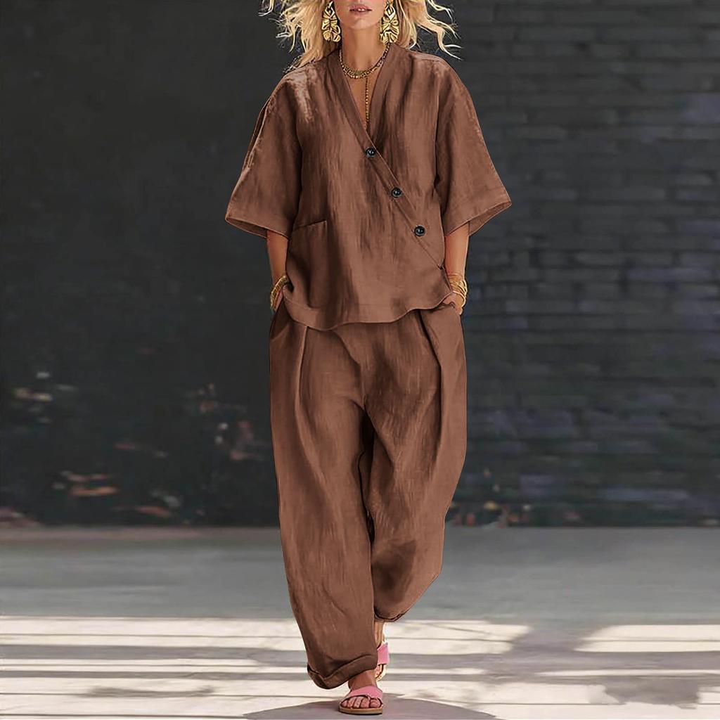 Women’s V Neck Loose Fit Short Sleeve Top and High Waist Long Pants Two Piece Set Casual Relaxed Style Outfit for Everyday Wear