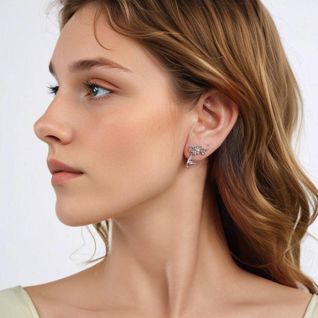 Silver Hummingbird Earrings with Flowers, 925 Silver Studs