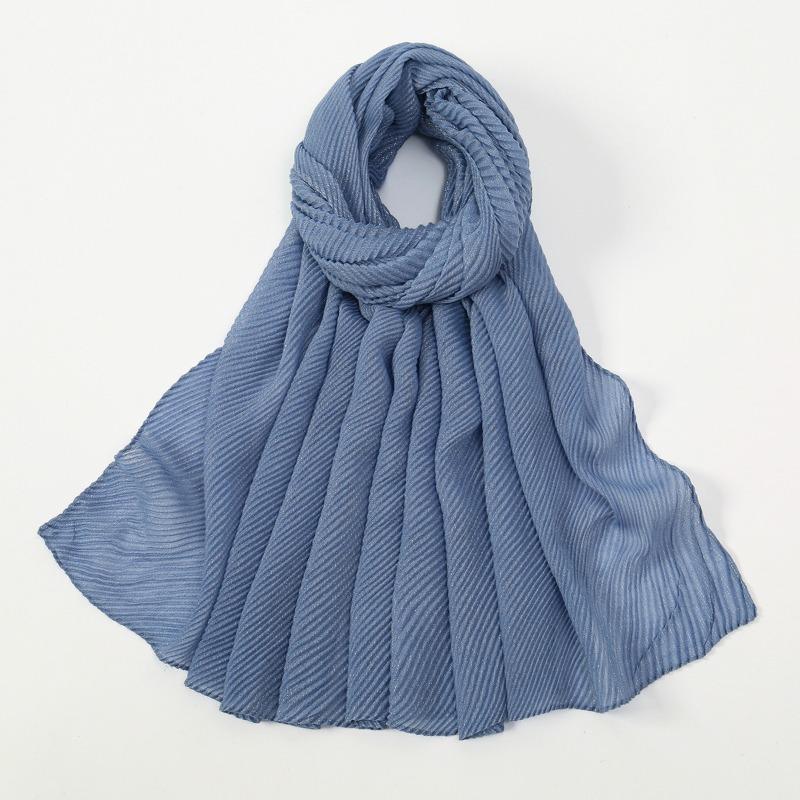 New solid color simple silver silk crumpled long towel elegant women's retro ethnic headscarf fashionable plain versatile yarn