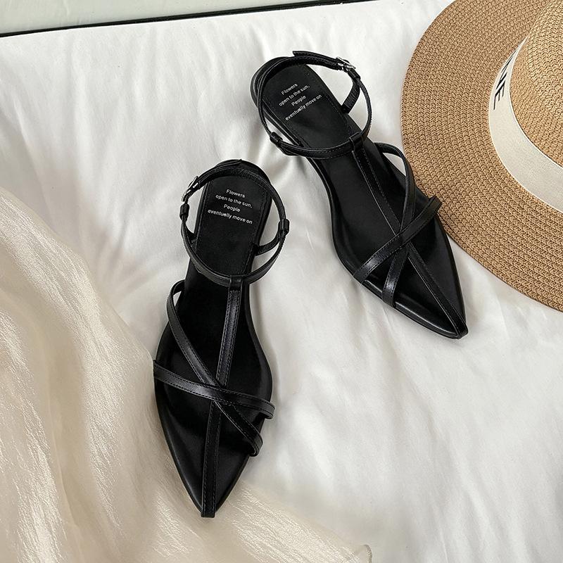 Sheepskin Version~ Retro Leather Cross Strap Roman Sandals Women's Summer Wear French Small Wedge Heel Pointed Sandals