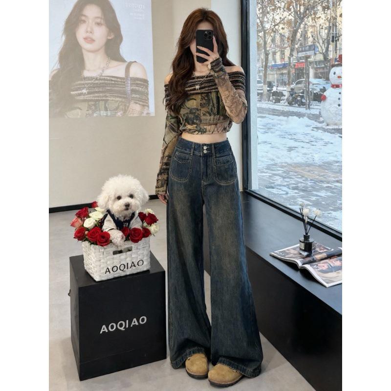 Women s Plus Velvet Thickened Wide-Leg High-Waisted Retro Jeans - Autumn/Winter 2026 XL