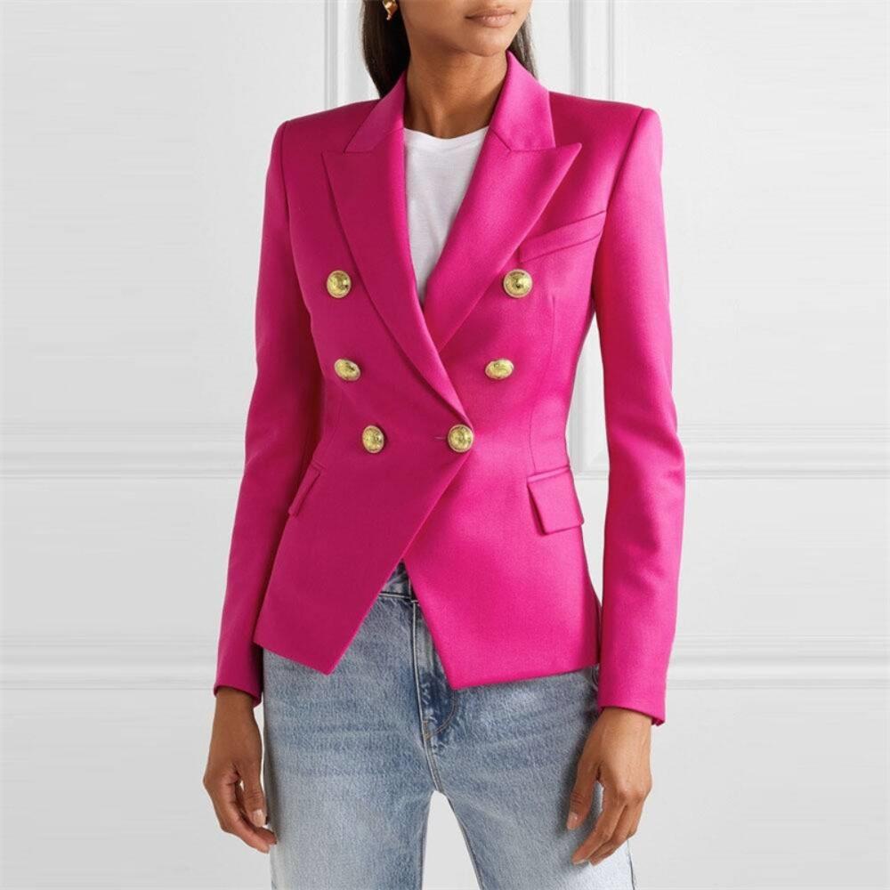 Women's Lapel Double Breasted Blazer Solid Color Long Sleeve Slim Fit Formal Business Short Suit Jacket