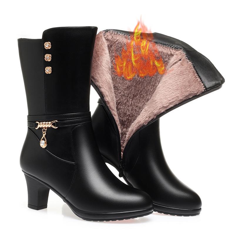 6cm Fashion Comfortable Mid Calf Soft Leather Boots Women Shoes Winter 2025 Med Block Heels Boots Warm Fur Plush Botas for Mom