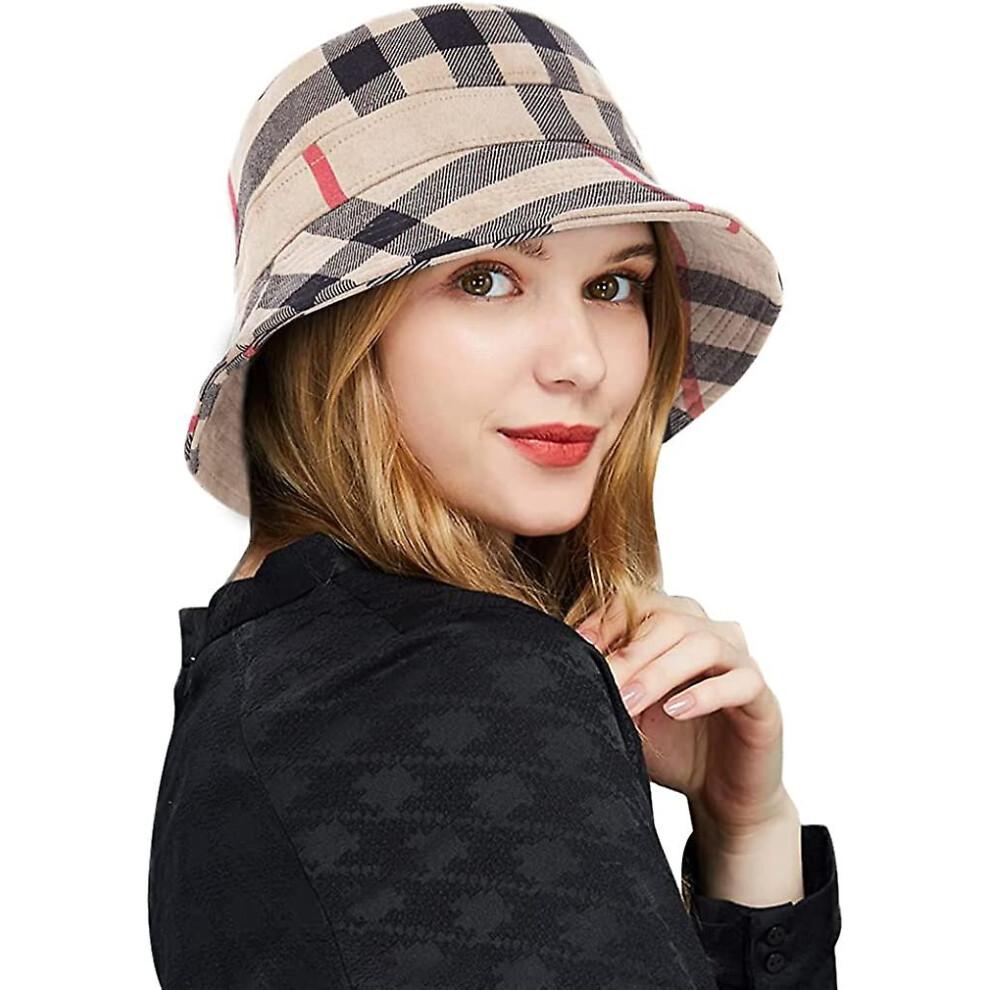 Karierte Tartan Eimerhüte Für Damen Vintage Rollbare Fischer Sonnenkappe