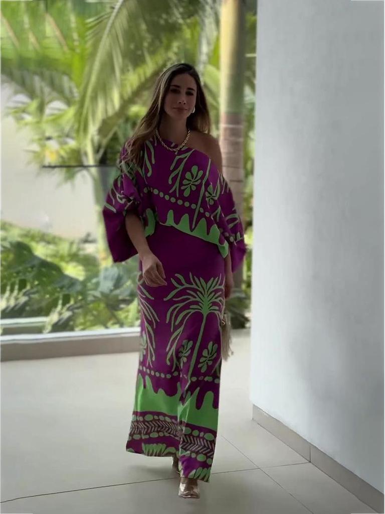 European Spring Fashion 2026: Off-the-Shoulder Print Long Sleeve Skirt Suit Women's Two-Piece Set