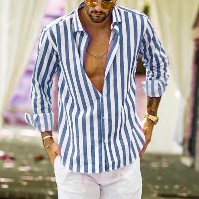 Camisa de manga larga de resort de playa transpirable informal de negocios a rayas para hombres