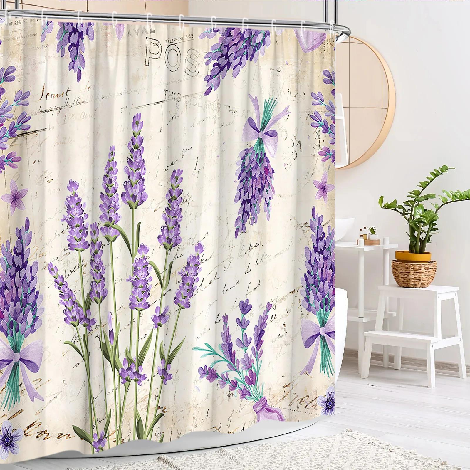 

Floral Shower Curtain Purple Lavender Farm Green Leaf Butterfly Rustic Wood Panel Modern Polyester Fabric Bathroom Decor Curtain W60H190(CM)-1 Pcs