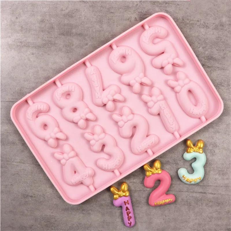 Numbers 0-9 Lollipop Mold Bowknot Topper Chocolate Cheese Stick DIY Birthday Cake Decoration Candle