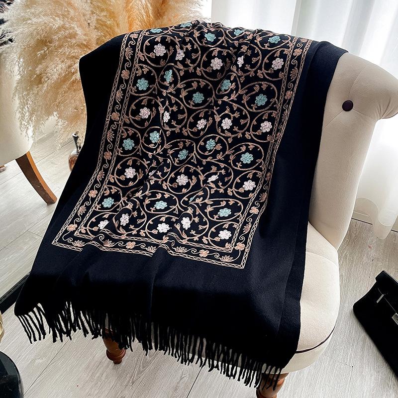 Pattern embroidery flower imitation cashmere scarf shawl ethnic style travel thickened warm cape cape long towel fringed woman
