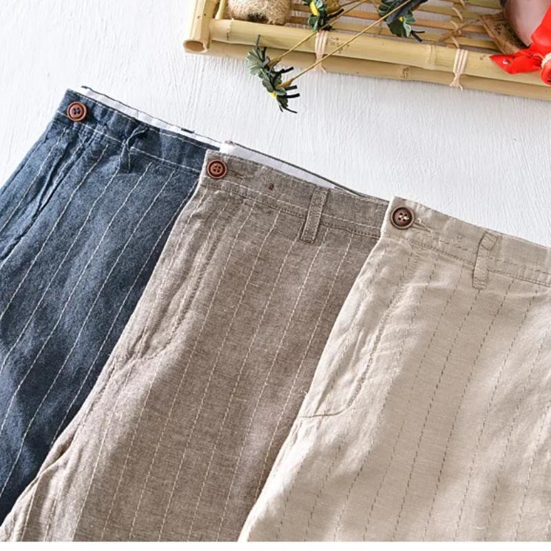 Summer Fashion Striped Men's Shorts Breathable Beach Baggy Short Pants Harajuku Style Daily Casual 55linen45cotton Shorts Youth