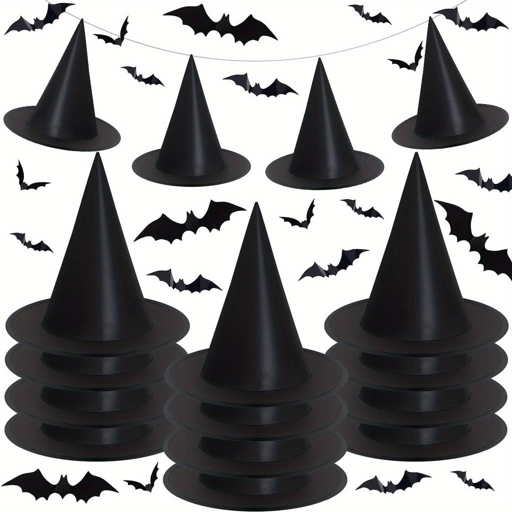 12pcs Black Halloween Witch Hats With 24pcs 3D Bats Wall Decor Halloween Costume Witch Accessories Caps Fancy For Halloween Party Decoration