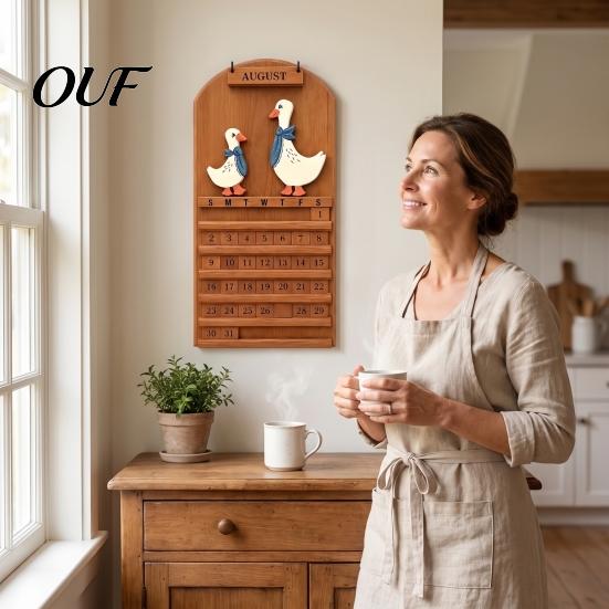 Manual Date Slider Wooden Vintage Goose Couple Perpetual Calendar, Reusable Month Blocks Farmhouse Wall Hanging Decor for Home Office Decorative