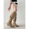 Cowhide version~ retro matte tall western boots women's fat mm big tube circumference thin boots thick heel long tube stacking boots