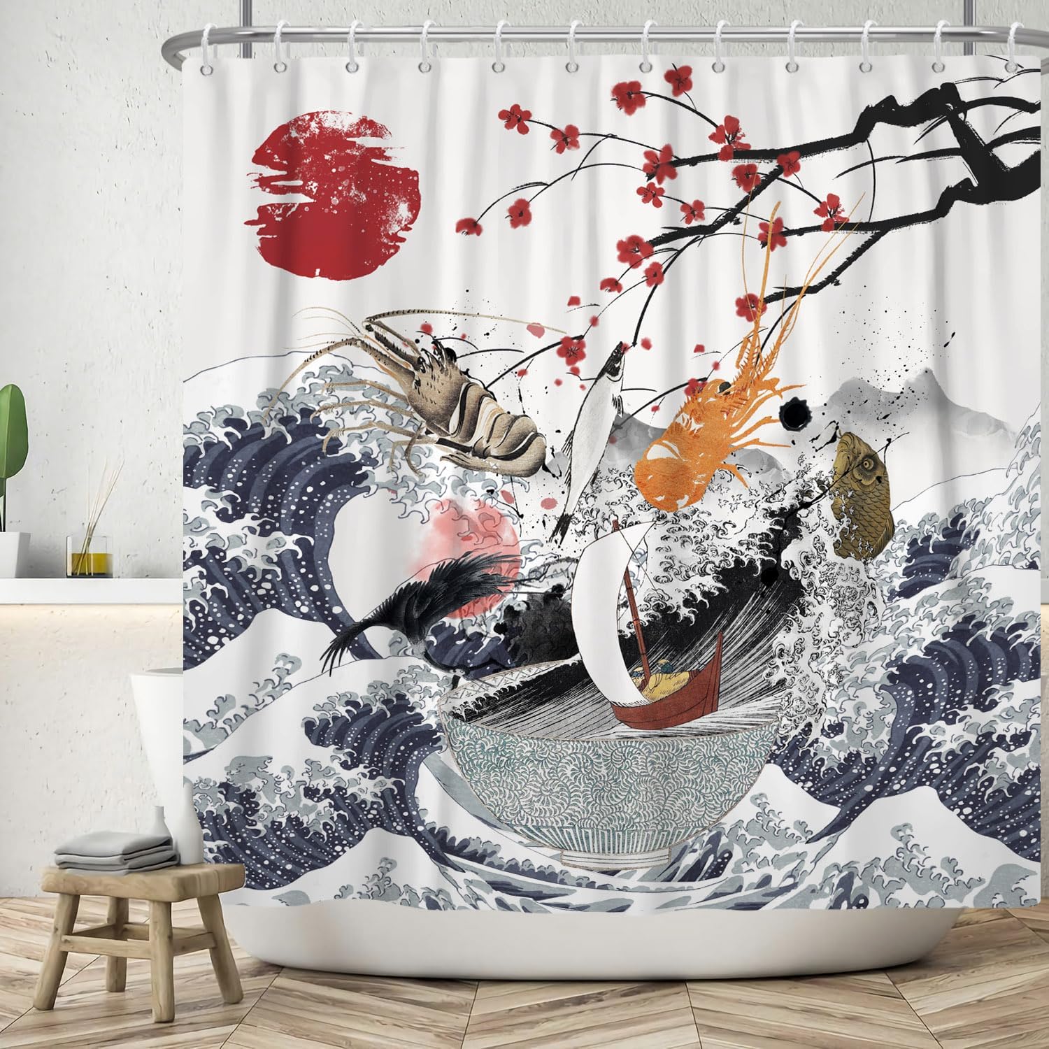 

Япония Гора Фудзи Сакура Закат Занавеска для душа Чернильная пейзажная живопись Волна Занавеска для душа Тканевое украшение для ванной комнаты W90xH180cm