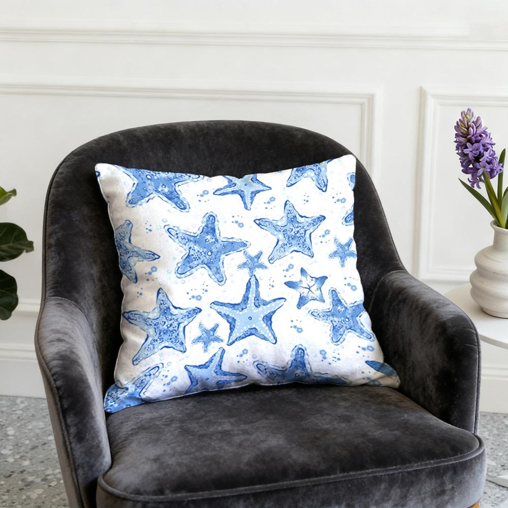 1Pcs Cushion Cover, White Background With Blue Star Patterns, Fresh And Dreamy Style, Same Print On Both Sides, Soft And Comfo