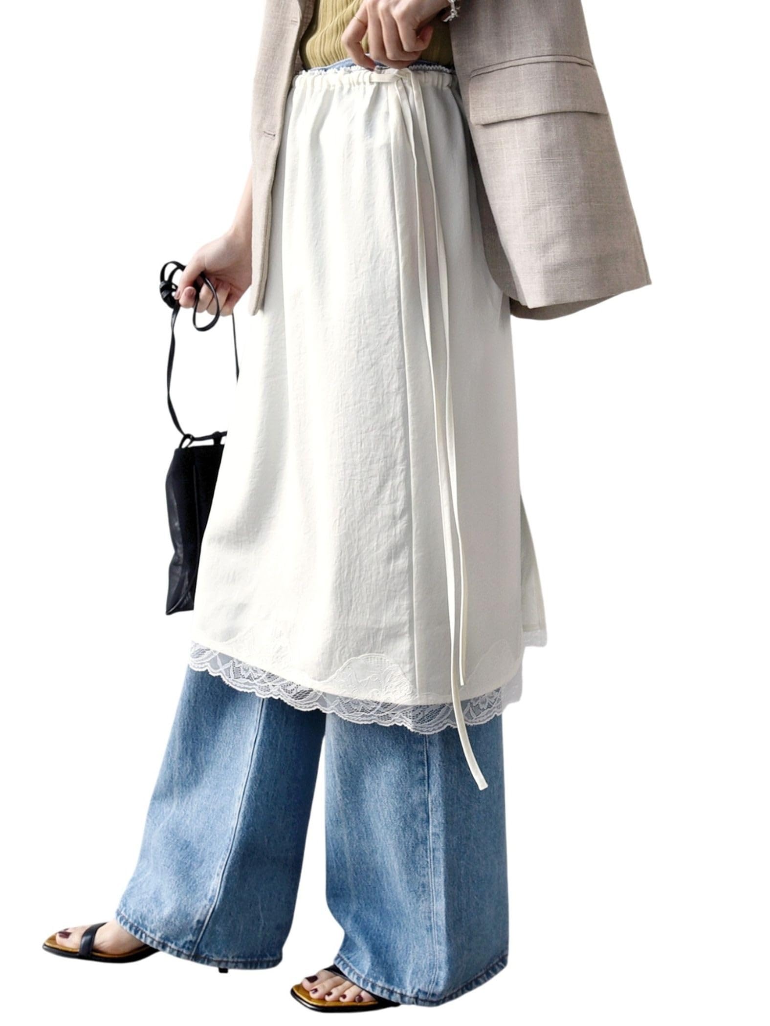

[Ships for Women] Skirt, Machine Washable, Dull Satin, Lace Hem, Women s, 313010359, Off-White, One Size