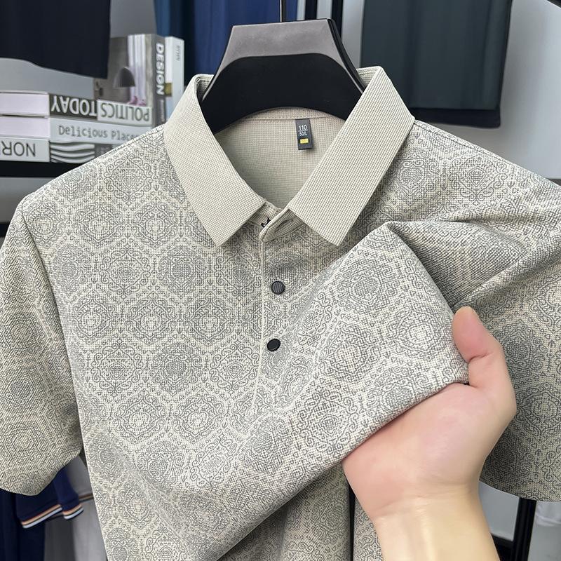 Men's T-shirt Short-sleeved Summer Full-body Printed Waffle Middle-aged Polo Shirt