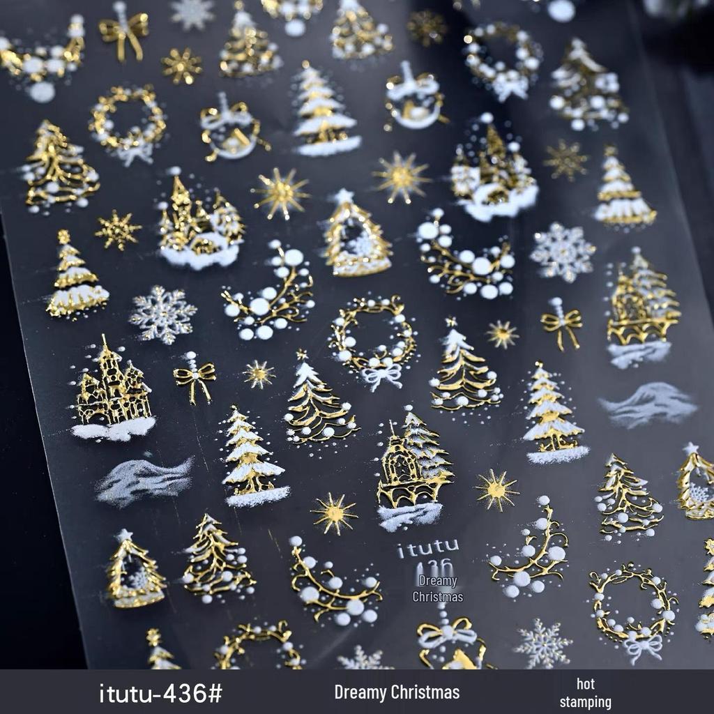 Itutu Christmas Nail Stickers: Colorful Trees, Wreaths, Snowflakes & Bows. Self-Adhesive, Hot Stamping Design for Festive Fingertips.