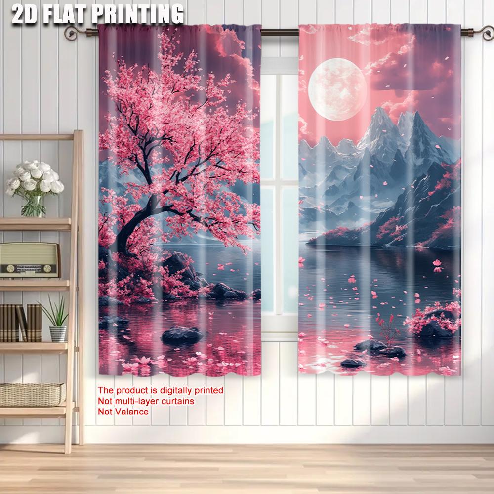 2pcs   Curtain Popular  print Cherry Blossom Moon Versatile 100% Polyester (without rod) Stuff Clearance Ldeal for Living Room