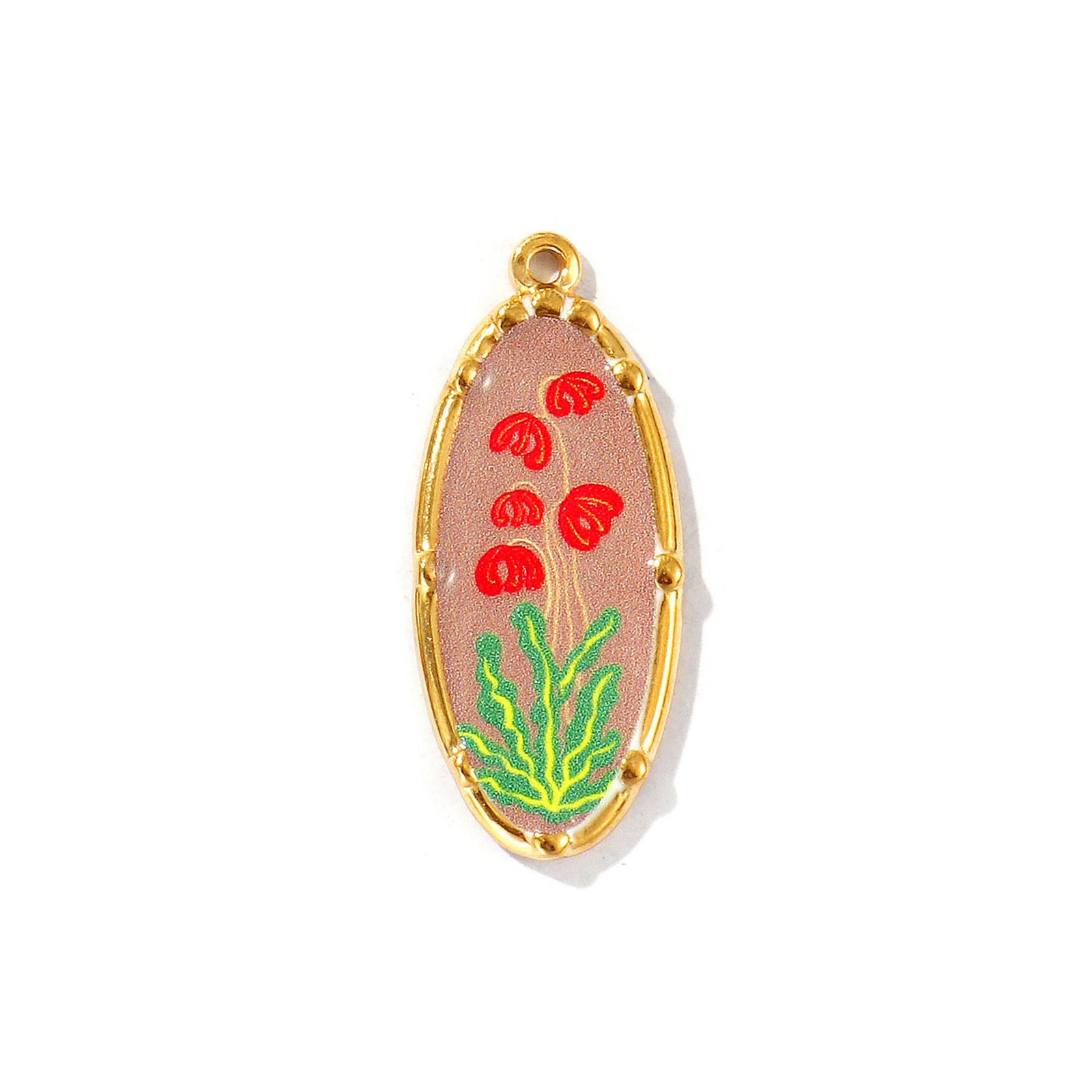 

2pcs 304 Stainless Steel Pendants 18K Gold Plated Oval Flower Printed Multicolor Charms DIY Necklace Earrings Jewelry 3.4x1.4cm