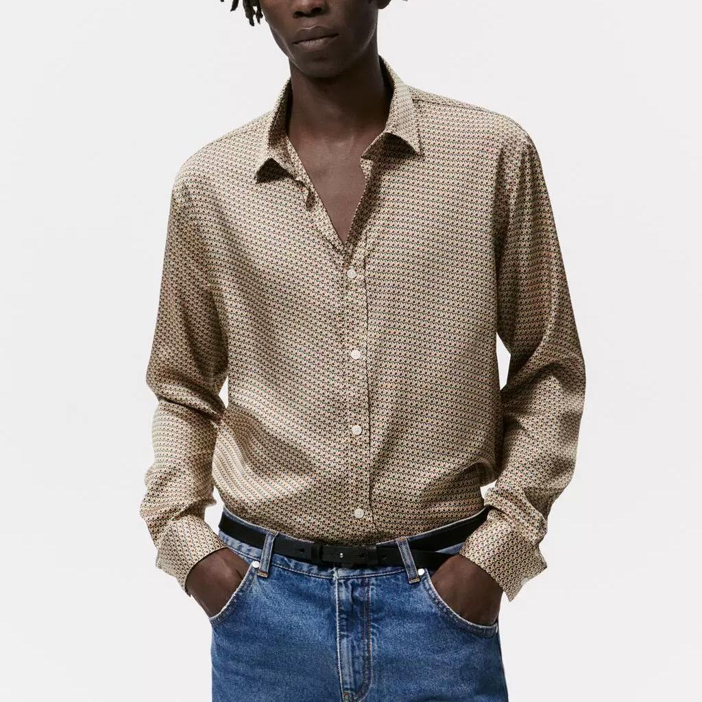 Zara Geometric Pattern Slim Fit Casual Long Sleeve Shirt Men shirts Brown 6368516-707