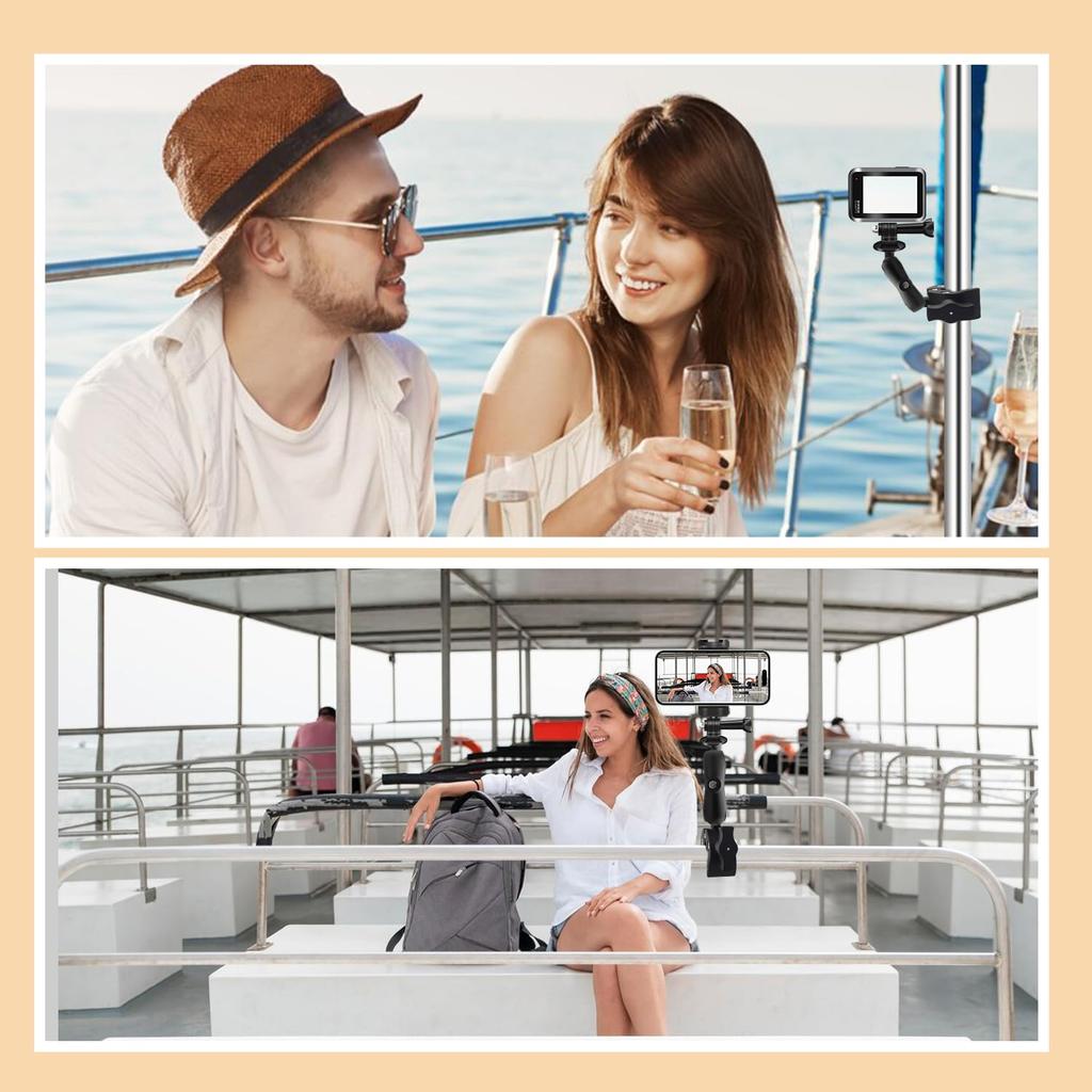 HAFOKO Motorcycle Bicycle Camera Clamp Mount Double Socket Arm Angle Adjustment Ball Head Adapter Fits Gopro AKASO DJI Action Insta Camera Smartphone