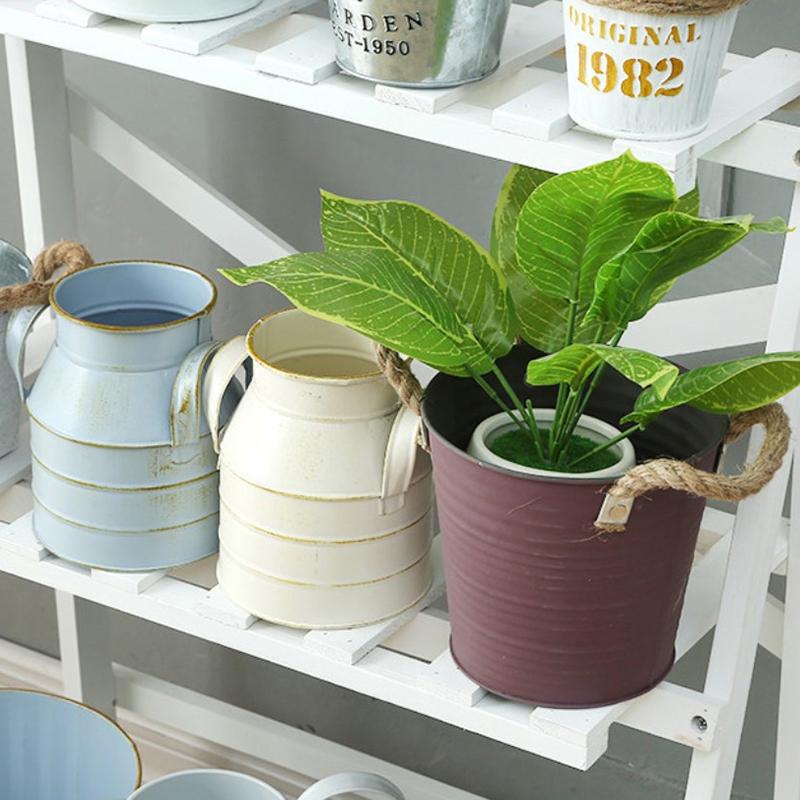 Garden Plants Flower Vase Iron Bucket Metal Vase Craft Holder Home Decor Galvanized Finish Balcony Country Rustic Desktop Bucket