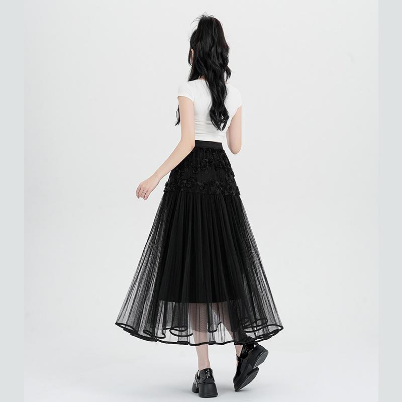 

Женская длинная юбка в корейском стиле с цветочным 3D-принтом феи - Приталенная с высокой талией, кружевной дизайн M чёрный